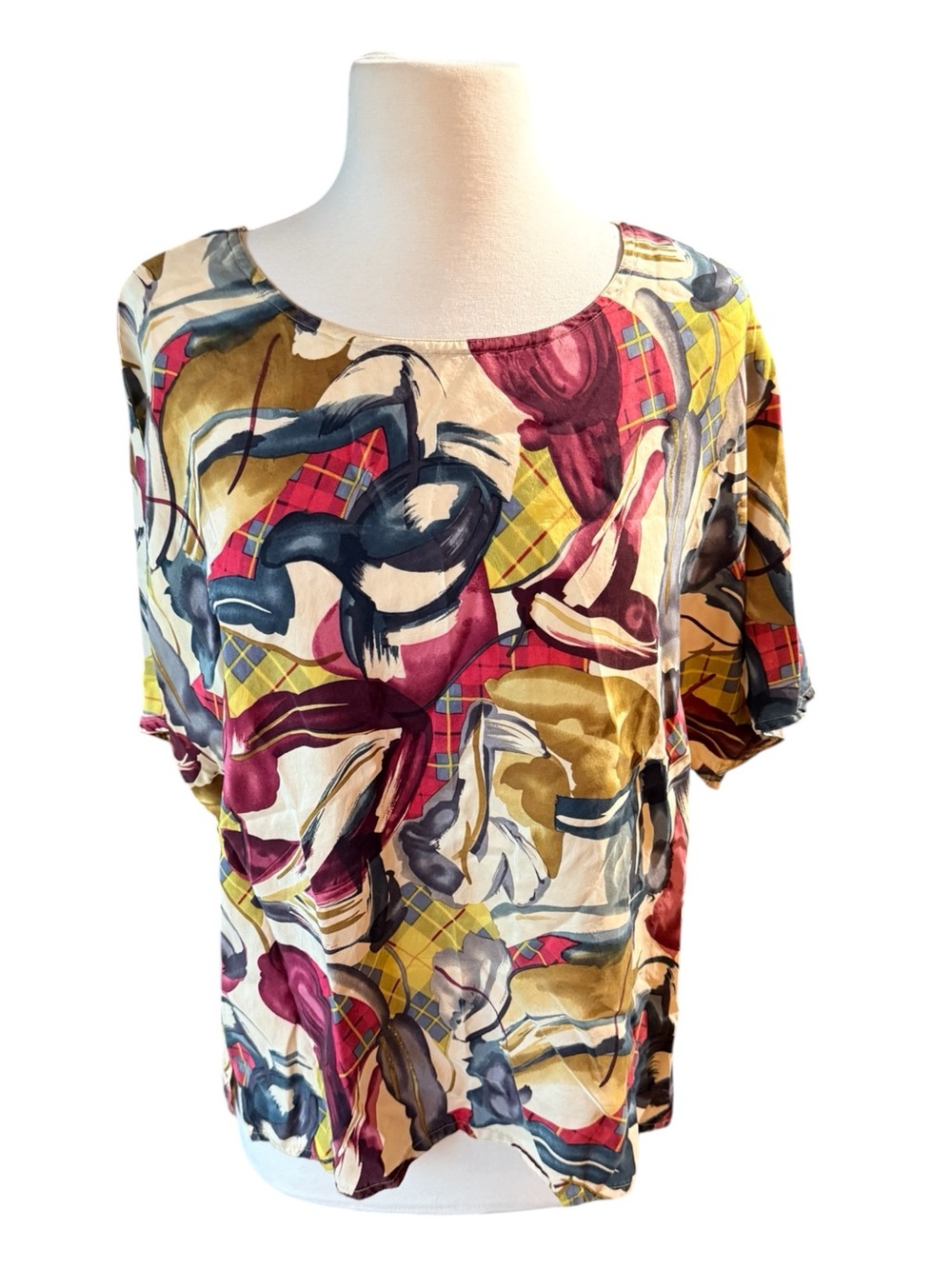 Brooks Brothers Multi-Color Abstract Silk Blouse With Dolman Sleeves, M